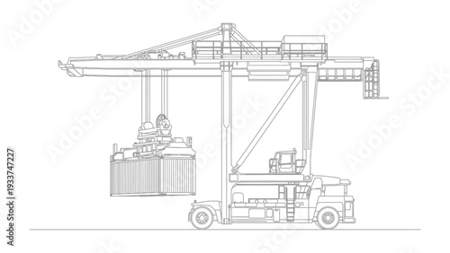 Harbor Crane's Engineering Prowess: A monochrome depiction of a towering harbor crane, meticulously engineered for the efficient transport of shipping containers, standing against a clean backdrop.