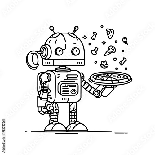 Robot serving pizza with various toppings floating in the air cartoon illustration white background black lines mechanical details visible