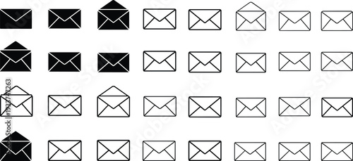 Envelope icon collection featuring open and closed mail symbols, black and white email message icons set isolated on white background vector illustration