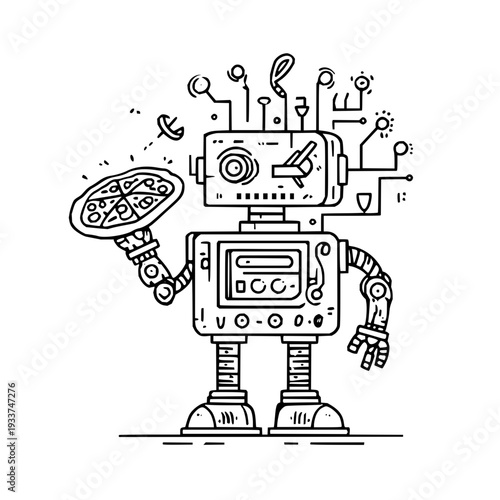 Robot serving pizza with mechanical arms and circuit board design in simple black and white line art illustration