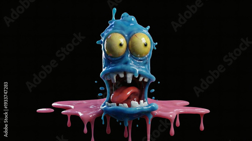 A frantic blue slime monster screaming in a high-tech lab, surrounded by pink goo and glassware.