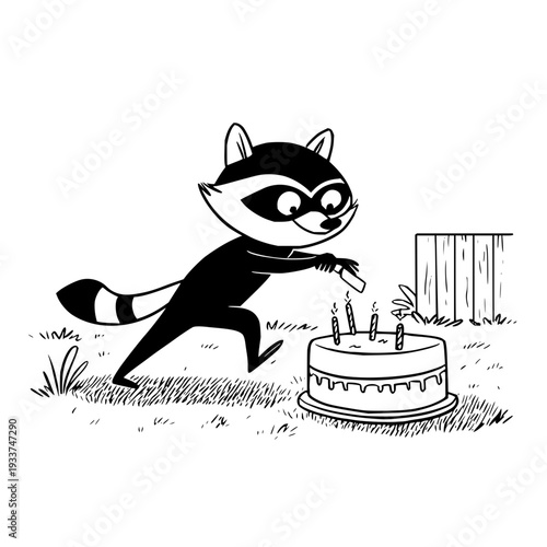 Raccoon sneaking up to a birthday cake with lit candles on a grassy area
