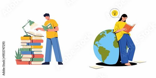 People engaged in learning and acquiring global knowledge, fostering personal growth, ideas, and discovery through books and study.