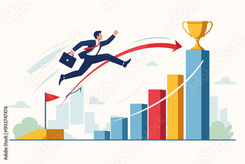 Ambitious businessman in suit jumping over rising bar chart towards golden trophy cup, symbolizing business success, career growth, overcoming challenges, achieving targets, and winning competition.