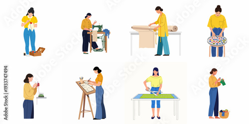 Textile Craftsmanship Journey: Illustrating Fashion Design, Sewing, Cutting Fabric, and Handicrafts with Women