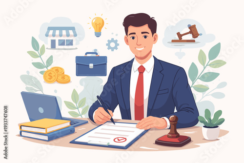 Professional businessman signing company registration forms for new business startup, legal ownership and entrepreneur assistant concept with icons of finance, law, and innovation in vector.