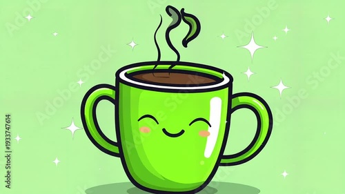 Smiling green coffee mug with steam.