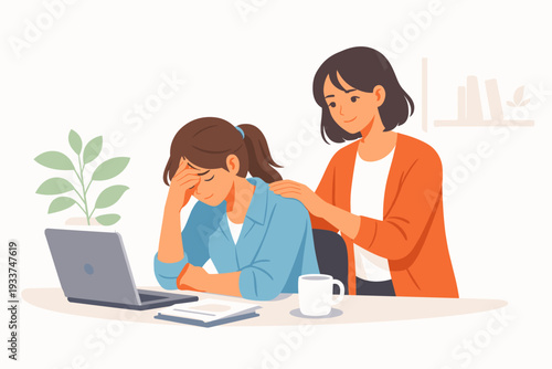 Compassionate Woman Comforting Stressed Friend or Colleague Facing Difficulties at Work, Empathy and Support Concept, Kindness and Sympathy for Mental Health and Emotional Well-being Illustration