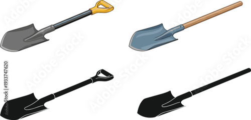 Shovel vector illustration set, metal spade with wooden and plastic handle isolated on white background gardening tool collection design