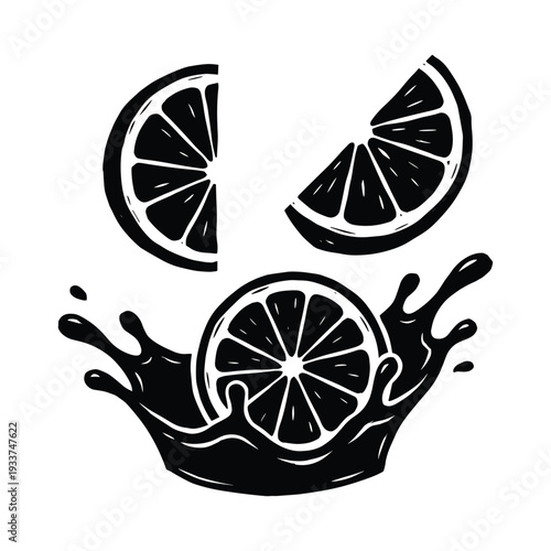 Orange fruit slices falling into juice splash black vector illustration on grey