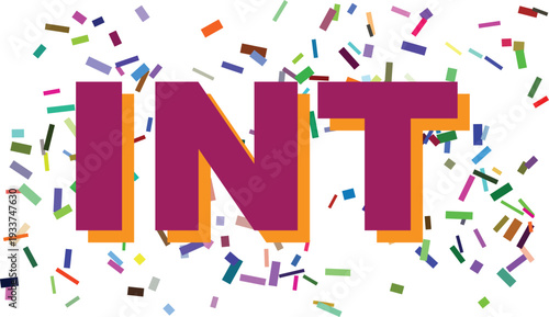 The magenta abbreviation INT with orange shadow is highlighted by scattered colorful confetti