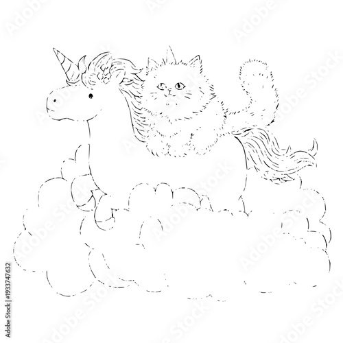 Whimsical line art illustration of a cat riding a unicorn on fluffy clouds fantasy magical scene