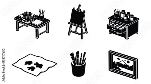 Isometric vector collection of art supplies and tools for creative painting hobby