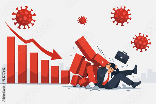 Desperate businessman sitting as a red bar chart collapses on him during the coronavirus outbreak, symbolizing a global financial crisis, stock market crash, bankruptcy, and economic recession.