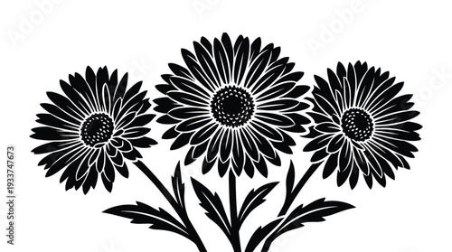 Three black outlined flowers on stems with leaves on transparent background