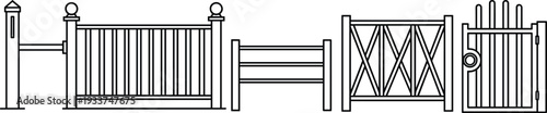 Fence and gate icon set featuring picket, crisscross, bar, and decorative designs, perfect for landscaping, architecture, property boundary graphics, and outdoor design projects