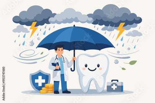 Dental Insurance Concept with Dentist Holding Umbrella to Protect Smiling Tooth from Storm, Healthcare Coverage for Medical Costs, Tooth Protection, Dental Care Services and Financial Security.