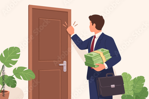 Professional businessman in a suit knocking on a door holding a huge stack of cash and a briefcase, symbolizing a new business opportunity, career offer, investment return, or financial success.