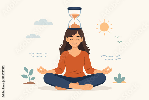Woman Meditating in Lotus Pose with Hourglass on Head Symbolizing Patience, Time Management, and Mindfulness Practice for Success, Calm Professionalism, Mental Health, and Inner Peace Balance