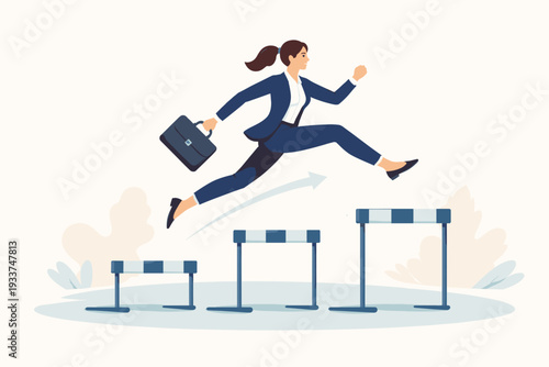 Ambitious businesswoman in a suit jumping over hurdles with a briefcase, symbolizing career success, overcoming obstacles, professional growth, determination, and progress in vector illustration.