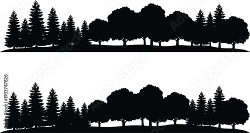 Forest tree silhouette borders isolated on white background, panoramic woodland landscape featuring pine and deciduous trees in black vector illustration, natural horizon design element.