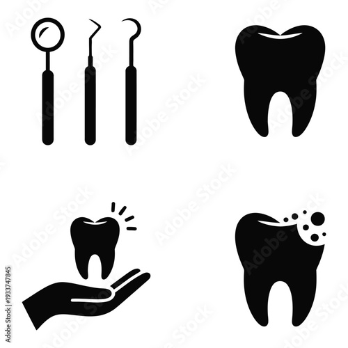 Dental care icons: mirror, pick, probe, healthy tooth, tooth with sparkle, and decayed tooth.
