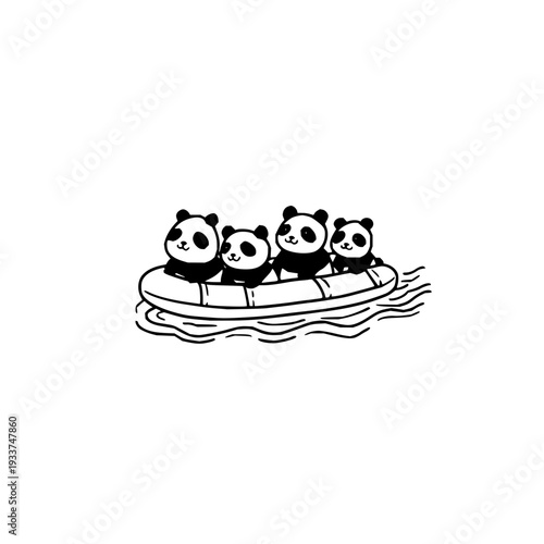 Four cartoon pandas riding together on a raft floating on calm water black and white illustration cute and playful scene