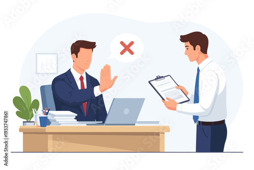 Boss Rejecting Employee Request in Office Illustration. Manager Making Stop Gesture with Red X Mark Speech Bubble. Professional Disagreement, Decline Proposal, and Refusal Concept Vector.