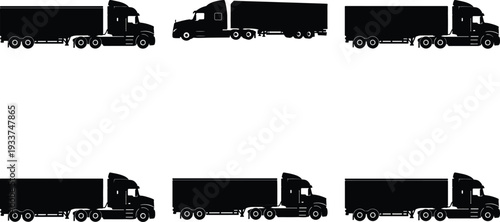Six distinct black silhouette semi-trailer trucks are displayed from a side profile against a clean white backdrop.