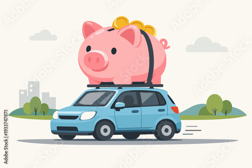 Saving Money to Buy a New Car Concept with a Large Pink Piggy Bank on Top of a Blue Vehicle Driving on the Road. Financial Budget for Car Maintenance, Auto Loan, and Transportation Expenses.