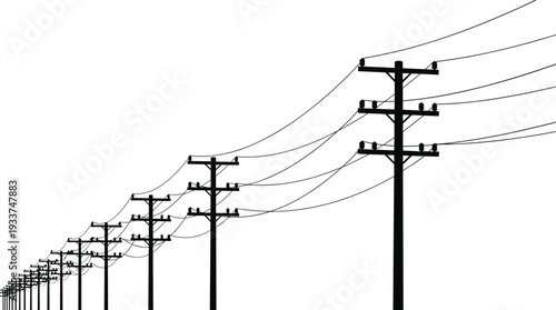 Silhouette of electricity poles with power lines perspective view isolated on white background, vector illustration of utility infrastructure network