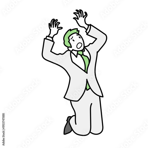 膝をついて両手を上げ絶望的な表情を浮かべるビジネスマン｜仕事の失敗やショックで深い悲しみを感じているスーツの男性イラスト