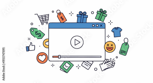 Promotional video marketing and online shopping concept with shopping cart and gift icons