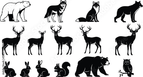 Forest wildlife animal silhouettes collection isolated on white background, featuring bear, wolf, fox, deer, rabbit, squirrel and owl in black vector illustration set.