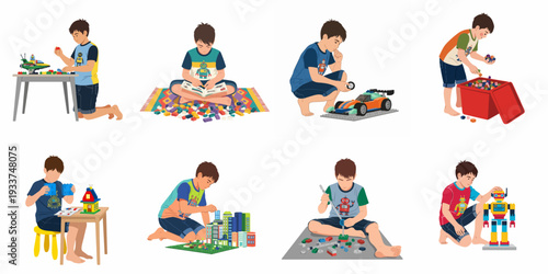 Boy's Creative World: Engaged in building blocks, constructing spaceships, cars, cities, and robots, fostering imagination, learning, and playful development.