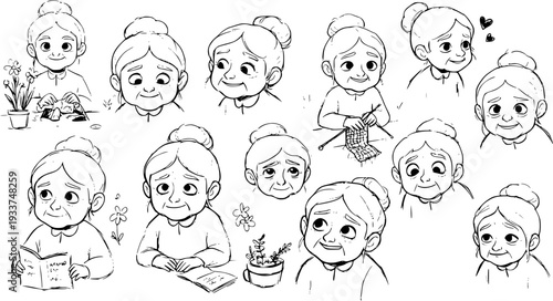 Cartoon Character Design: Expressive Grandmother Sketches in Various Poses and Emotions, Perfect for Animation  Illustration