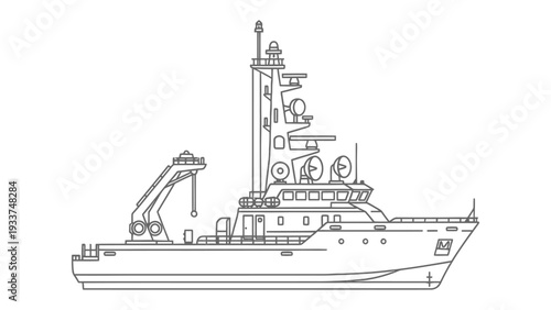 Naval Vessel: A detailed outline of a naval vessel, meticulously illustrated to showcase its robust design and maritime capabilities.