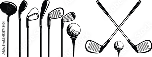 Golf equipment icon set with multiple club styles and ball on tee, perfect for sports graphics, golfing design projects, recreation, and athletic illustration themes