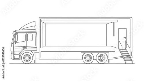 Mobile Stage Transport: A detailed line drawing showcases a mobile stage truck, designed to transport and set up performance venues and stages.