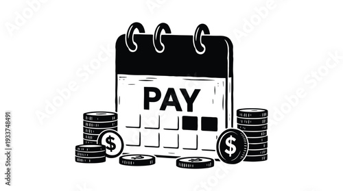 Payroll calendar icon with dollar coins for monthly payment and salary concept