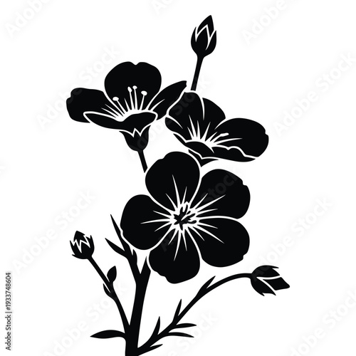 Flax flower silhouette vector illustration with buds and stems for decoration