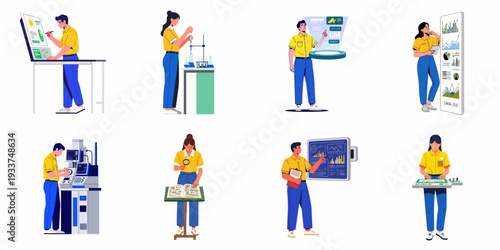 Professionals engaging with science, data analysis, and advanced technology in diverse research and innovative work environments.