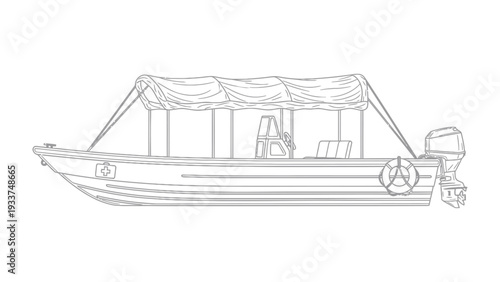 Boat Silhouette: A minimalist illustration of a boat, designed for tranquil water exploration or fishing, offering shelter from the sun.