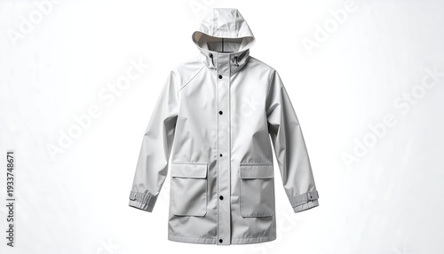 A clean shot of a white raincoat with a hood, pockets, and button closures against a gradated white background