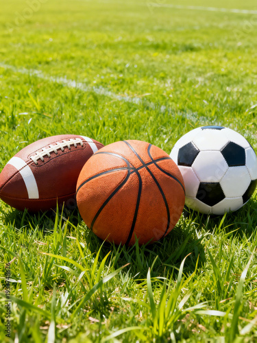 picture of several types of balls on green grass