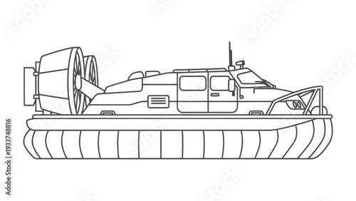 Hovercraft on Water: An illustration of a modern hovercraft glides across the water, its design suggesting speed and efficiency for amphibious travel.