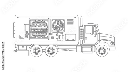 Refrigerated Truck: Side view of a detailed refrigerated truck, essential for transporting goods. This image highlights the mechanical components and design