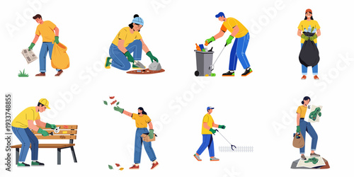 Diverse volunteers engaged in various environmental cleaning activities, including litter picking, recycling, and park maintenance, promoting sustainability and community service.