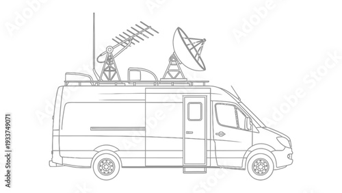 Mobile Communication Hub: A detailed illustration of a high-tech mobile communication vehicle, equipped with advanced satellite and antenna systems.