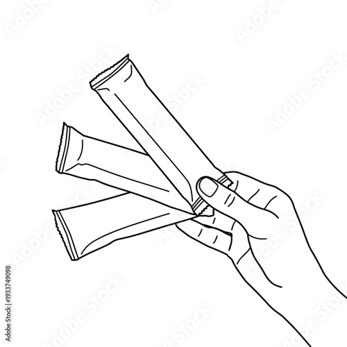 Hand holding three single serving sachets or packets outline